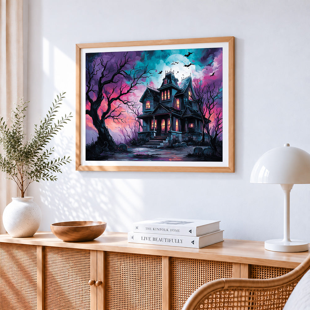 Spooky haunted house paint by numbers artwork displayed on wall as home decor