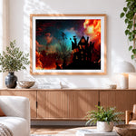 Finished spooky haunted house silhouette with witch cross stitch artwork displayed