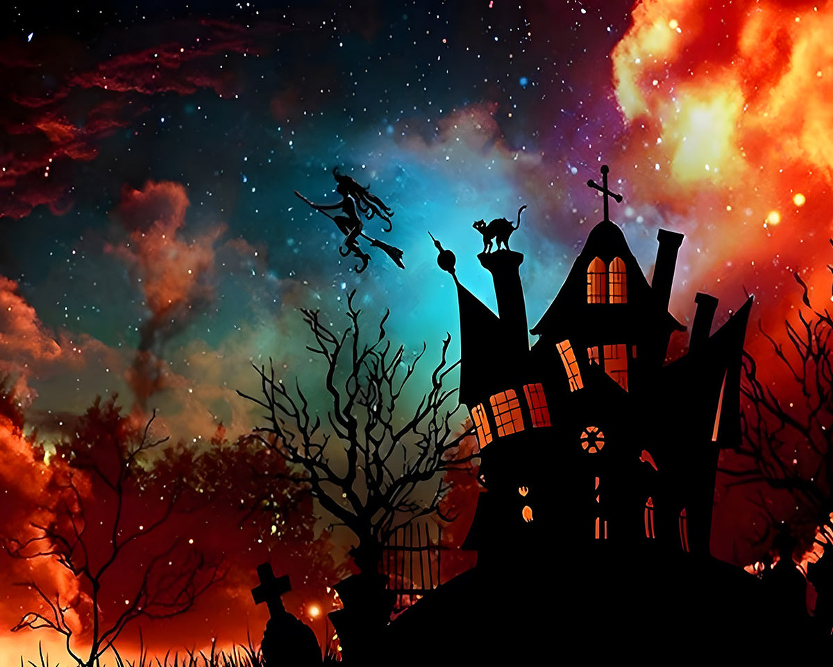 Spooky haunted house silhouette with witch cross stitch kit for beginners