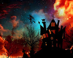 Spooky haunted house silhouette with witch cross stitch kit for beginners