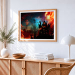 Spooky haunted house silhouette with witch cross stitch artwork displayed on wall as home decor