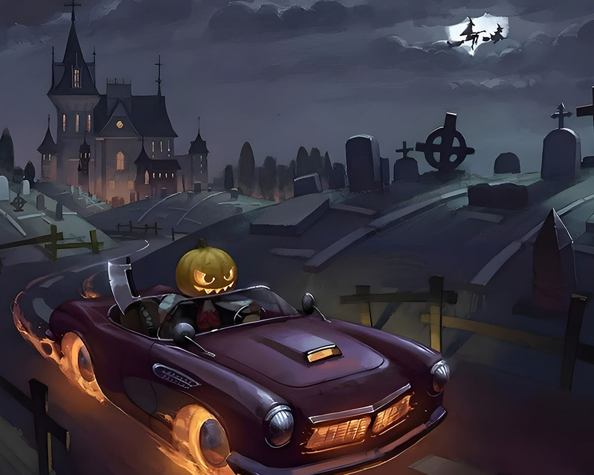 Spooky pumpkin head driving a vintage car cross stitch kit for beginners