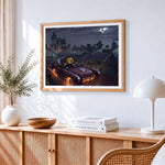 Spooky pumpkin head driving a vintage car cross stitch artwork displayed on wall as home decor