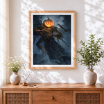 Finished spooky pumpkin reaper with crows cross stitch artwork displayed