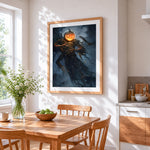 Spooky pumpkin reaper with crows cross stitch artwork displayed on wall as home decor