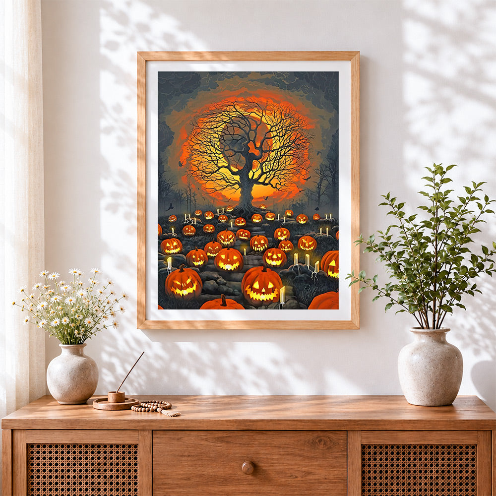 Finished spooky pumpkin tree with lanterns cross stitch artwork displayed