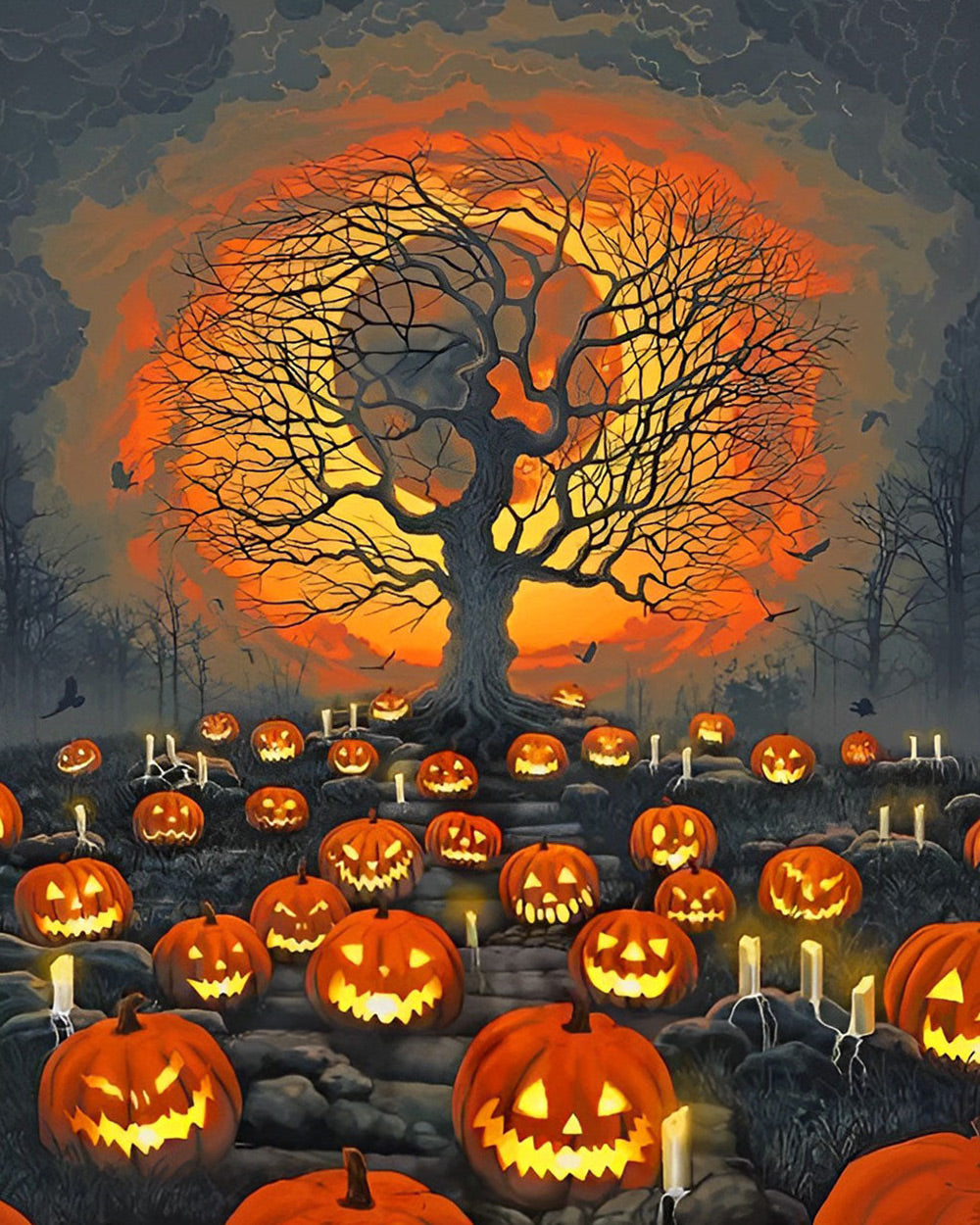 Spooky pumpkin tree with lanterns cross stitch kit for beginners