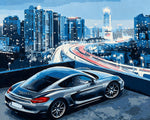 Sports car with city skyline cross stitch kit for beginners