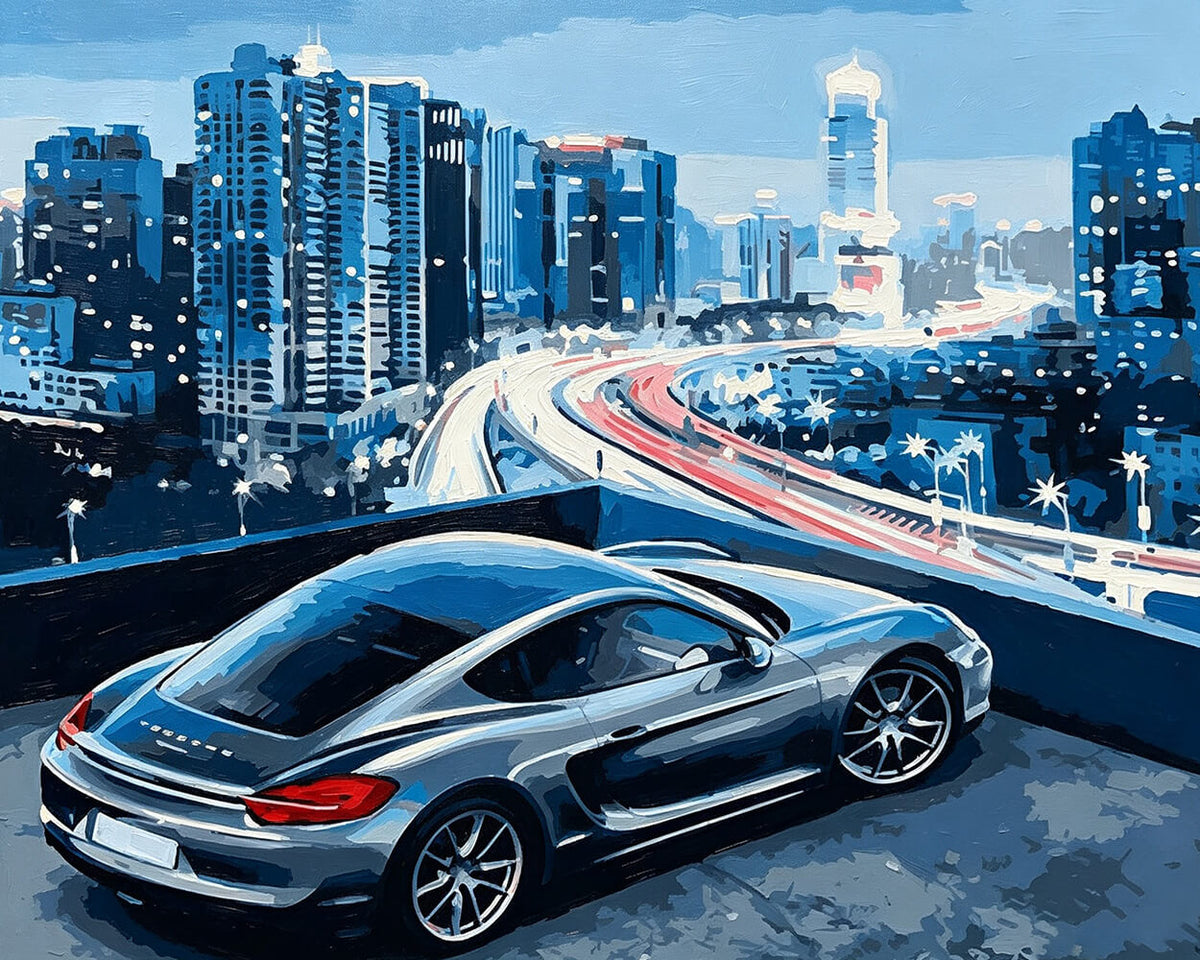Sports car with city skyline cross stitch kit for beginners