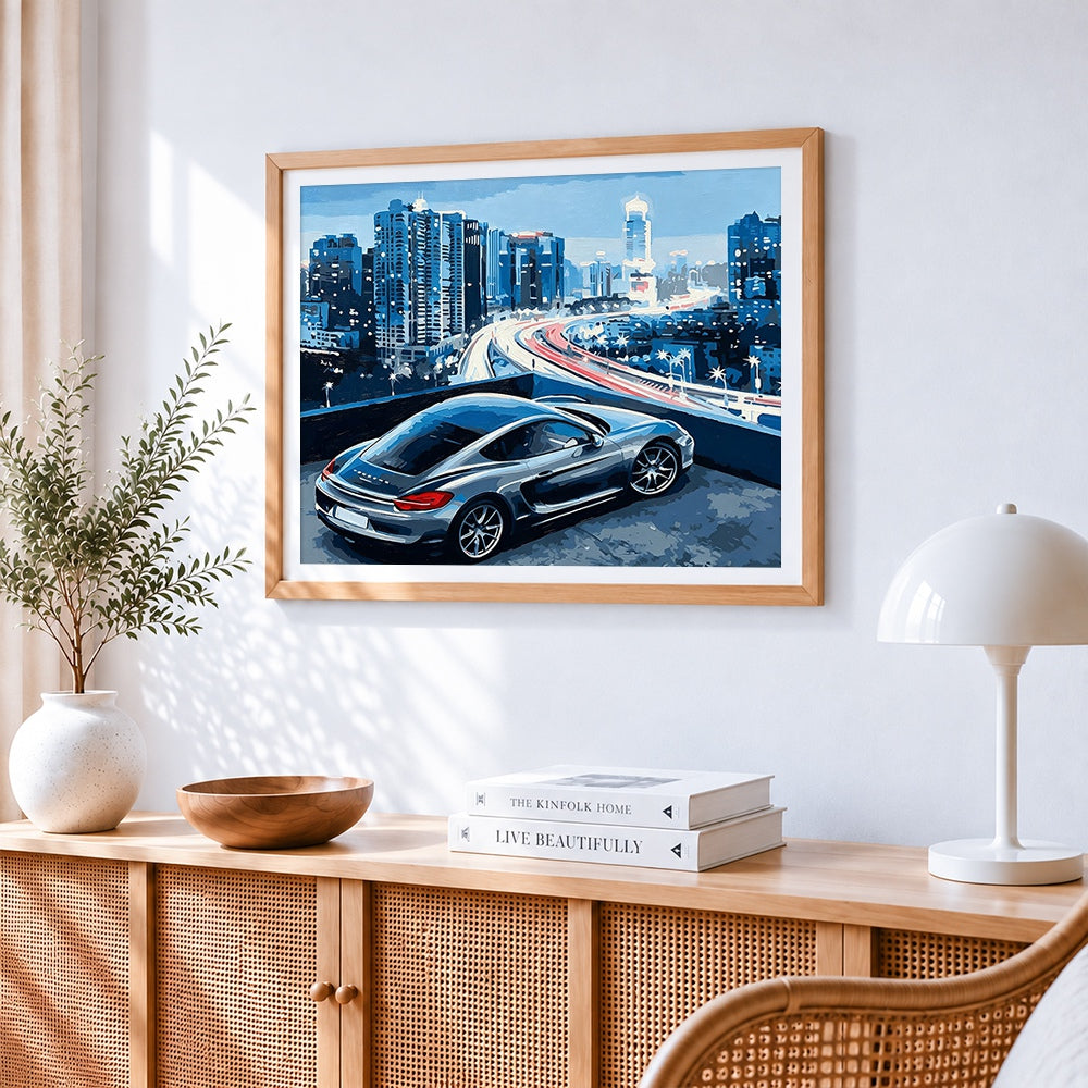 Sports car with city skyline paint by numbers artwork displayed on wall as home decor