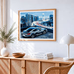 Sports car with city skyline paint by numbers artwork displayed on wall as home decor