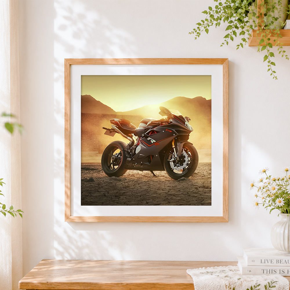 Finished sports motorbike in desert cross stitch artwork displayed