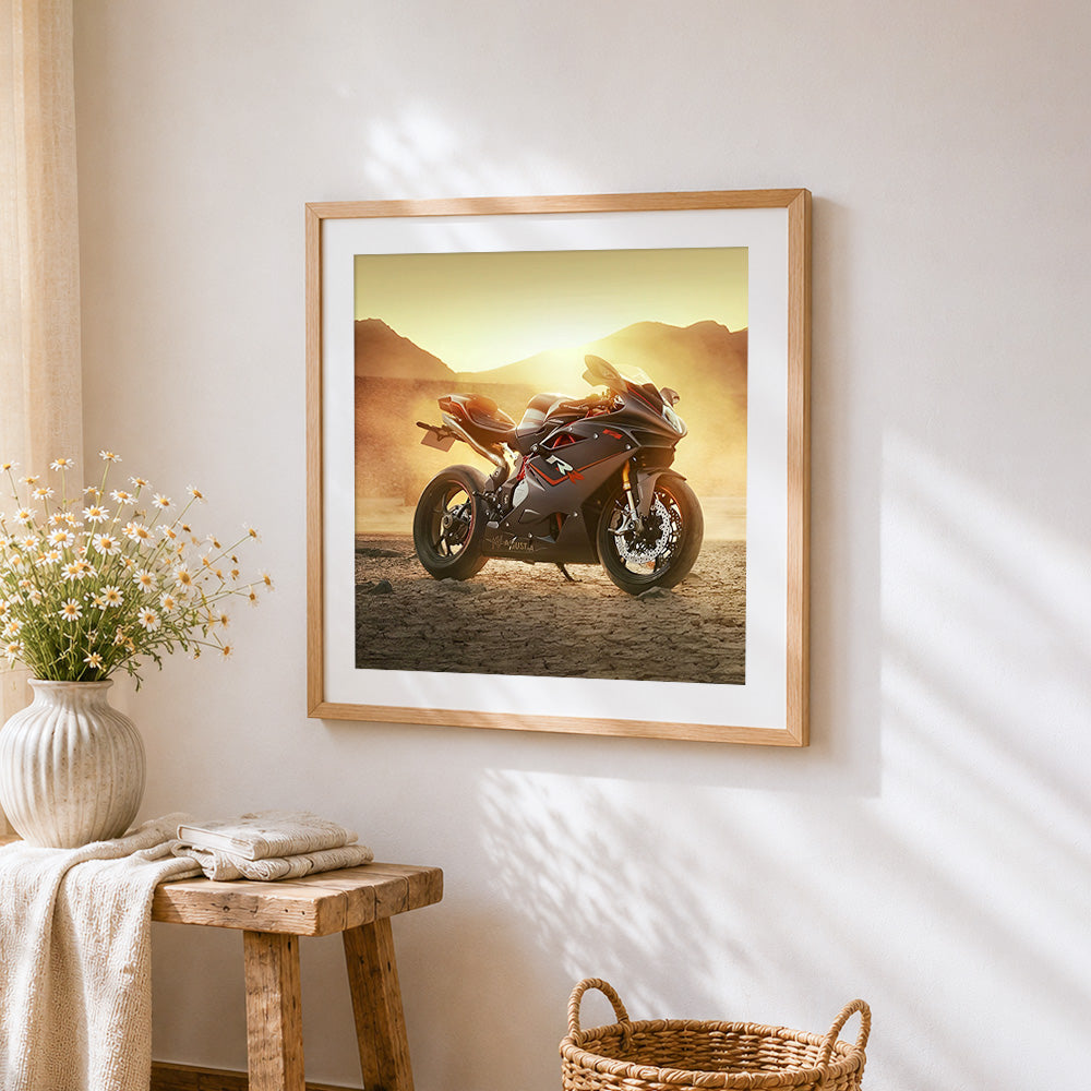 Sports motorbike in desert cross stitch artwork displayed on wall as home decor