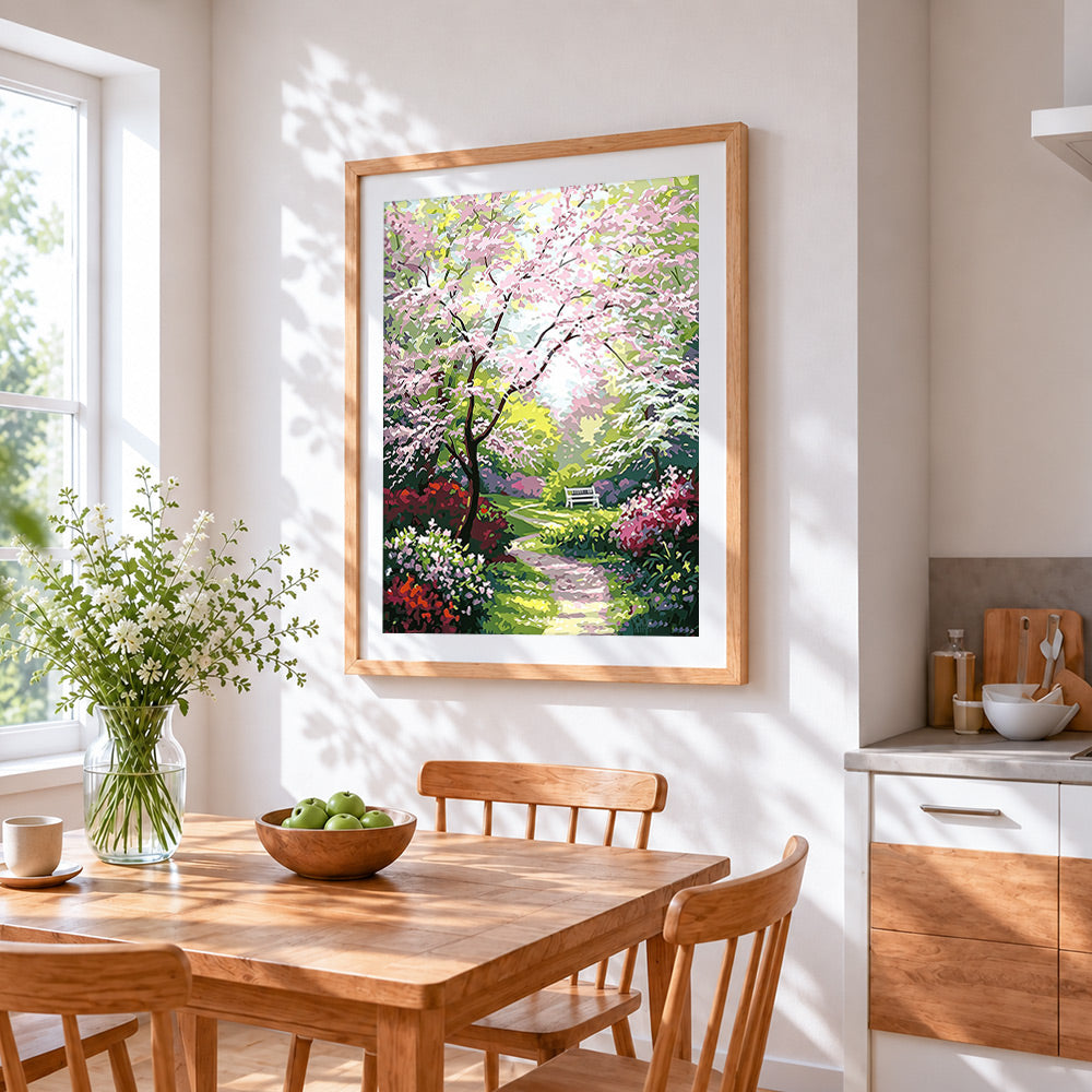 Spring blossom garden path cross stitch artwork displayed on wall as home decor