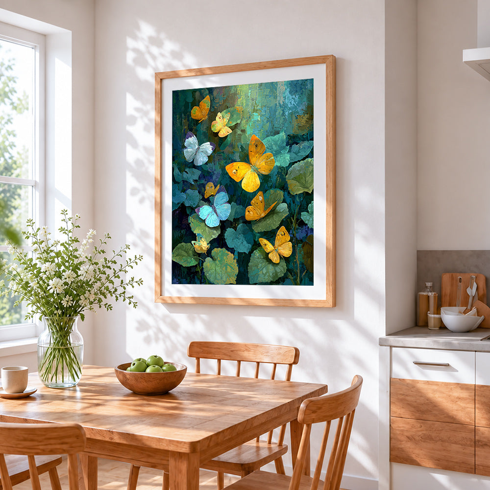 Spring colourful butterflies paint by numbers artwork displayed on wall as home decor
