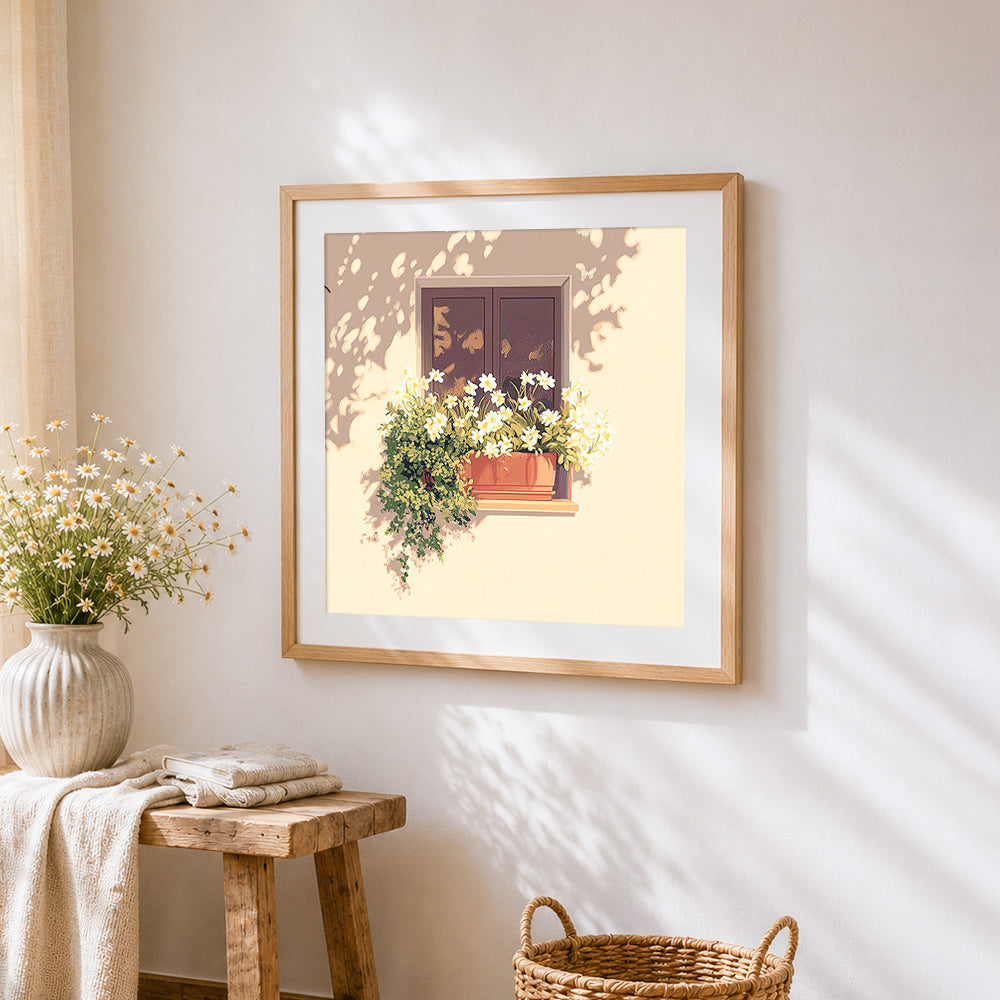 Spring daffodils in a window box cross stitch artwork displayed on wall as home decor