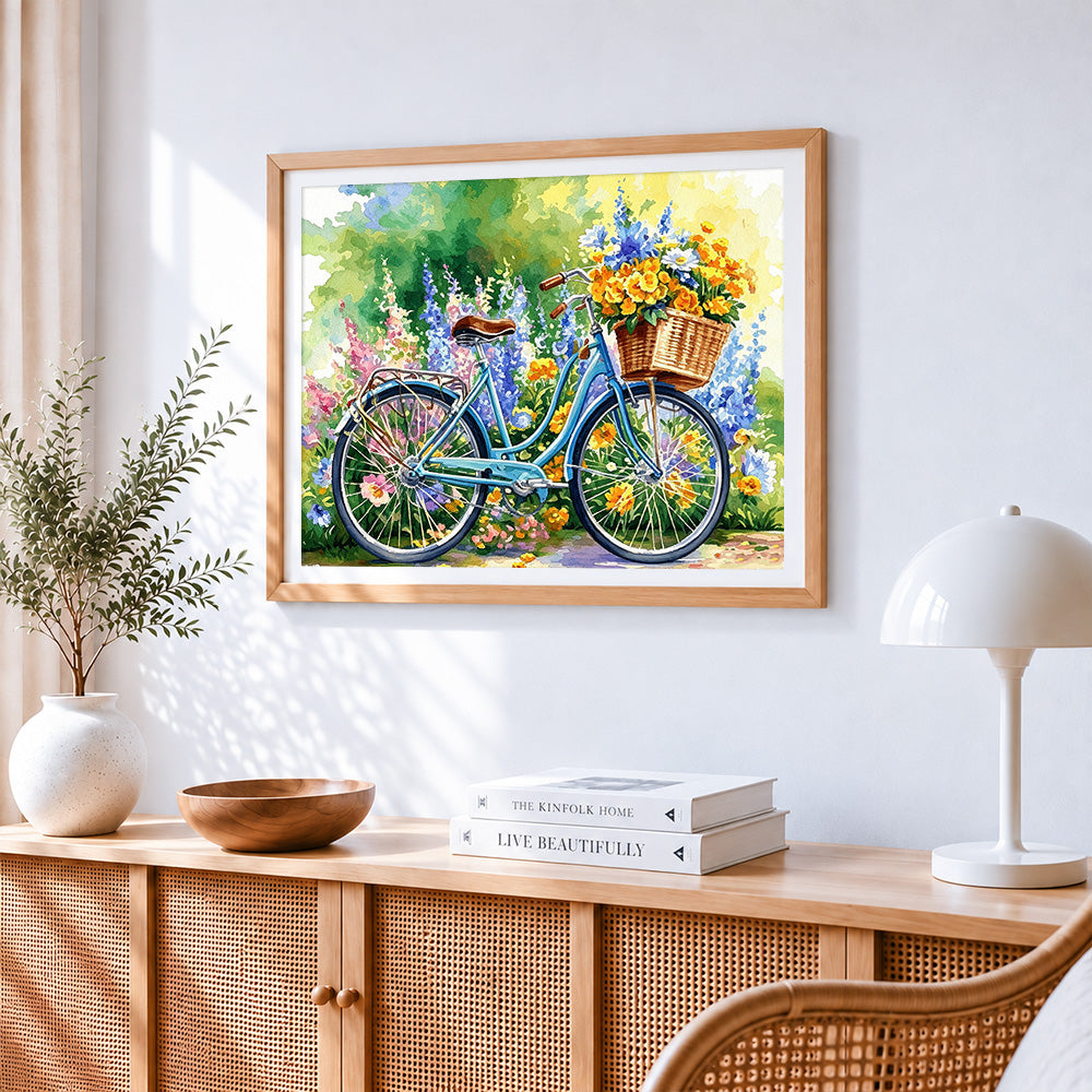 Spring floral bicycle cross stitch artwork displayed on wall as home decor