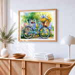 Spring floral bicycle cross stitch artwork displayed on wall as home decor