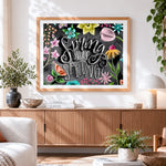 Finished spring has sprung cross stitch artwork displayed