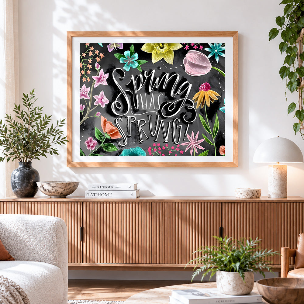 Finished spring has sprung cross stitch artwork displayed