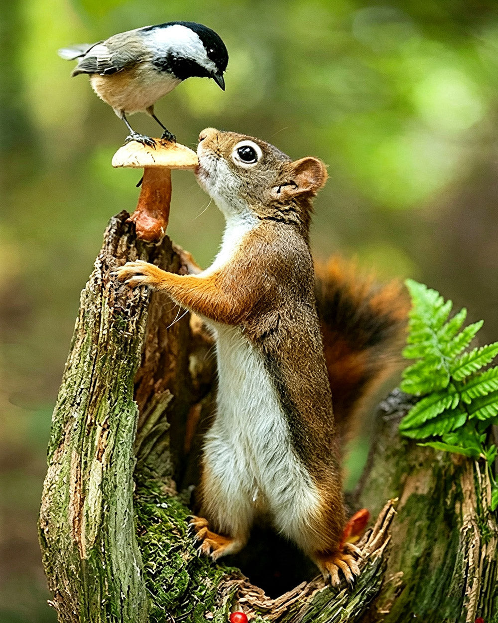Squirrel and bird sharing a mushroom cross stitch kit for beginners