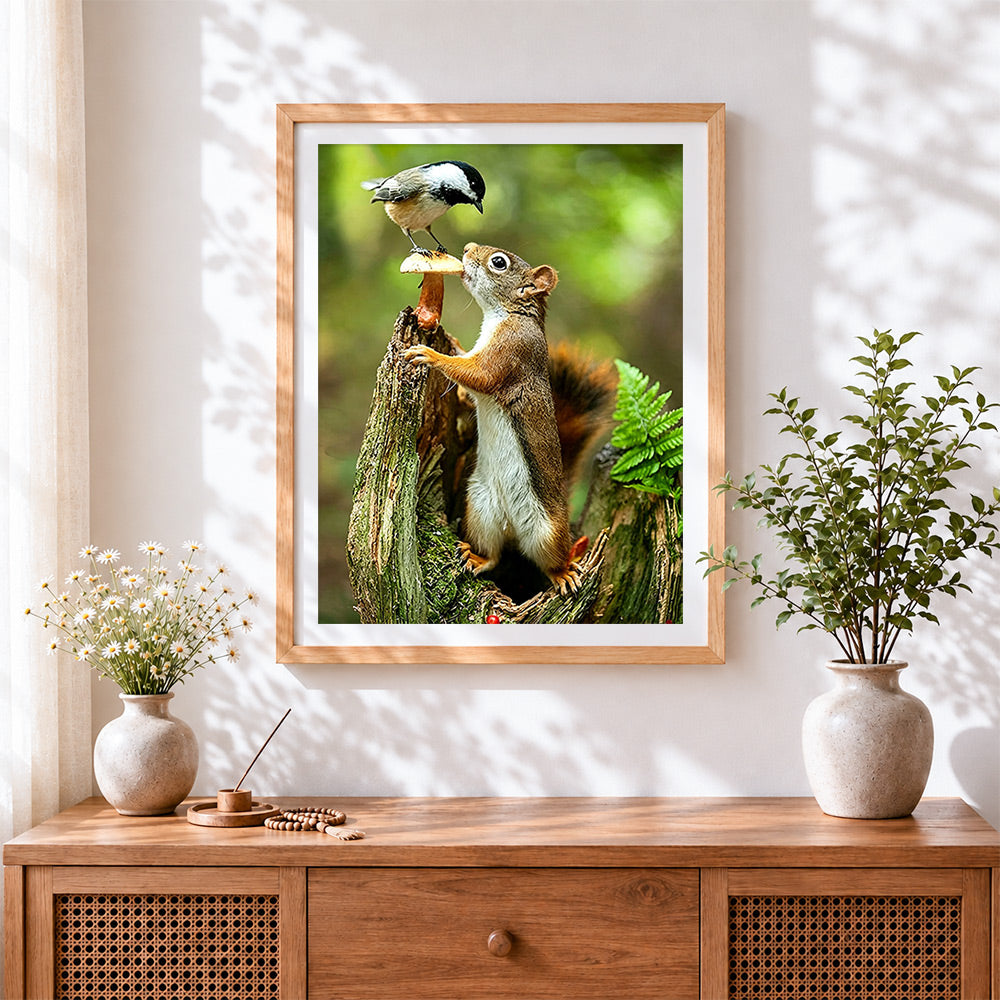 Finished squirrel and bird sharing a mushroom paint by numbers artwork displayed as home decor