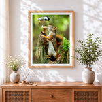 Finished squirrel and bird sharing a mushroom paint by numbers artwork displayed as home decor
