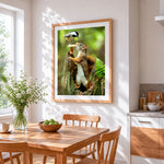 Squirrel and bird sharing a mushroom paint by numbers artwork displayed on wall as home decor
