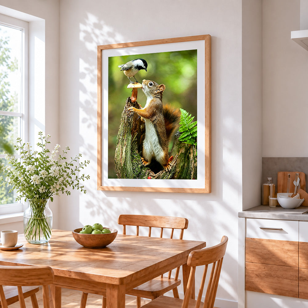 Squirrel and bird sharing a mushroom paint by numbers artwork displayed on wall as home decor