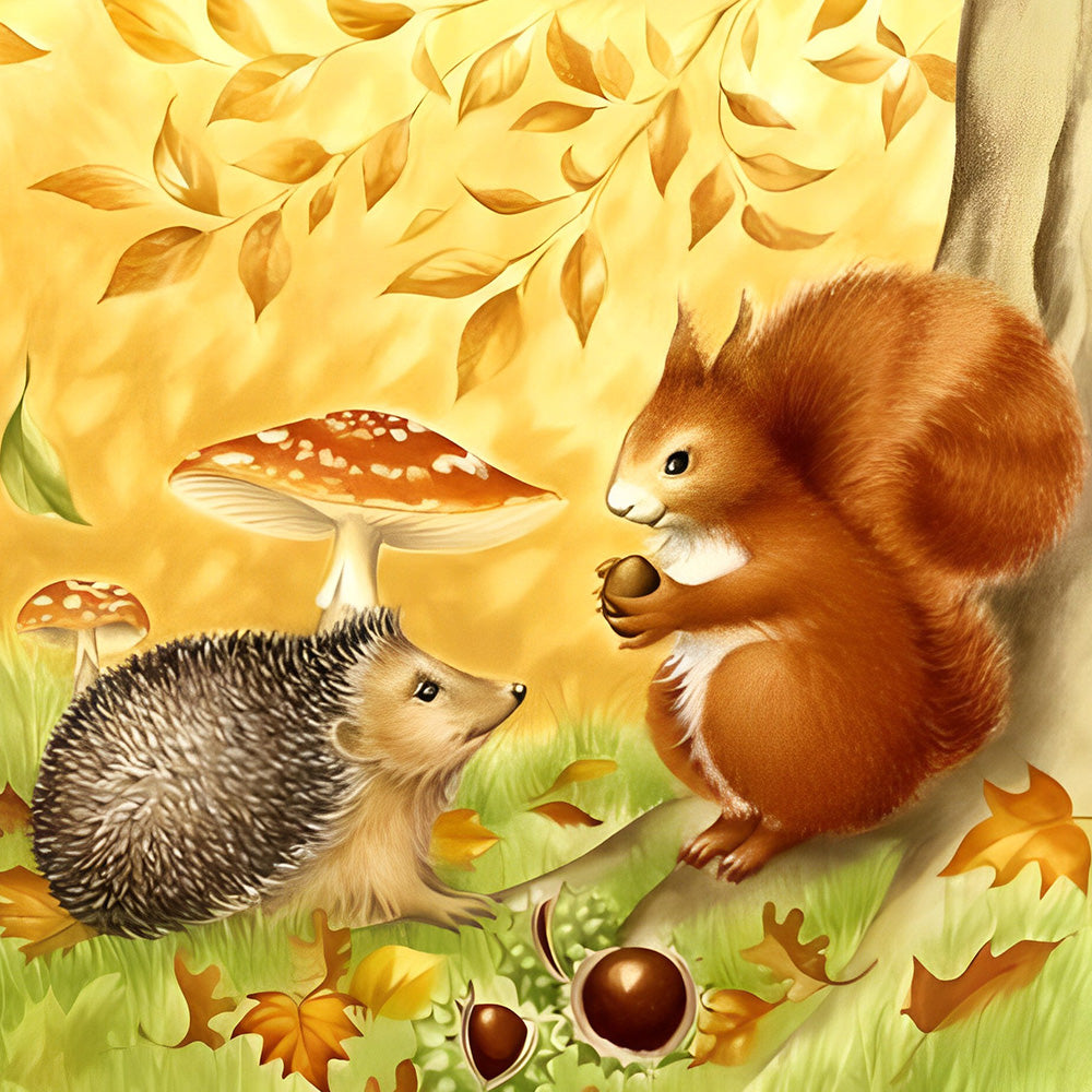 Squirrel and hedgehog in autumn leaves cross stitch kit for beginners
