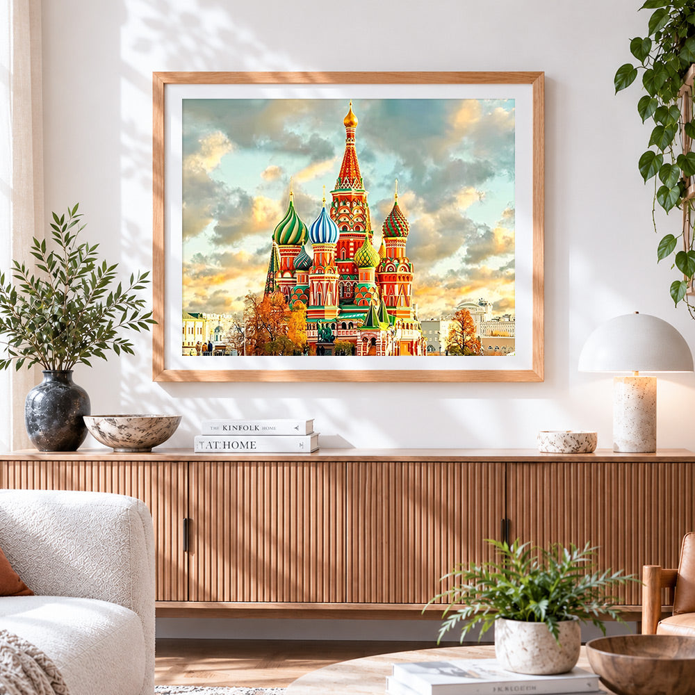Finished st. basil's cathedral cross stitch artwork displayed