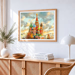 St. Basil's cathedral cross stitch artwork displayed on wall as home decor