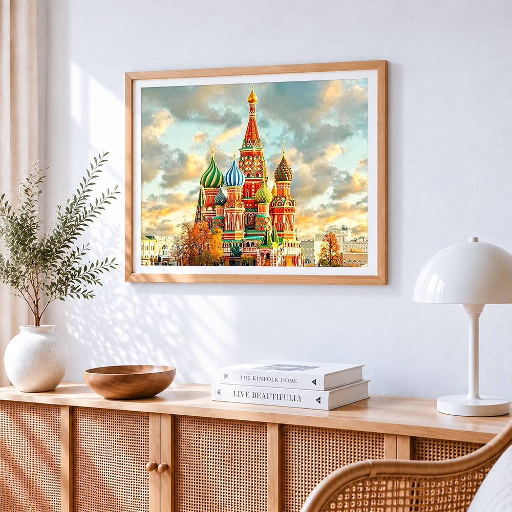 St. Basil's cathedral cross stitch artwork displayed on wall as home decor