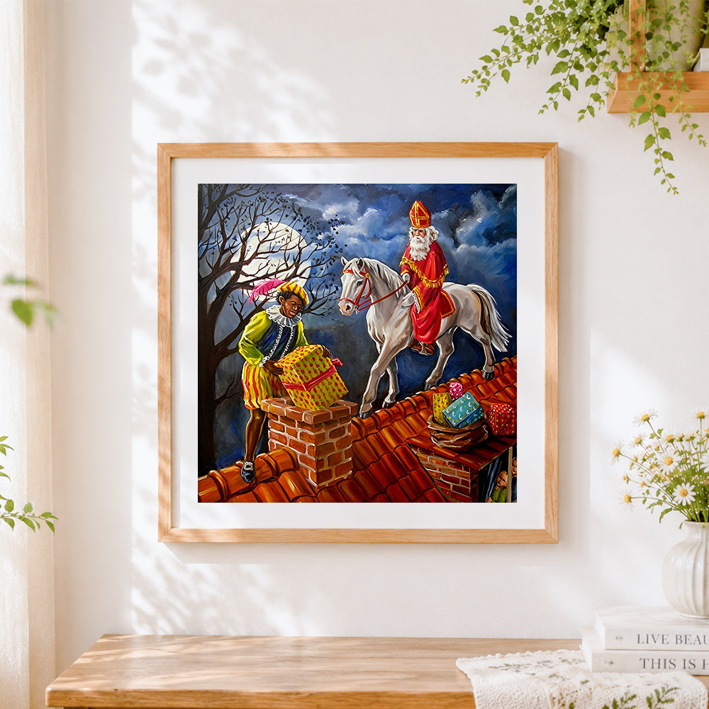 Finished st nicholas and black pete on the roof cross stitch artwork displayed