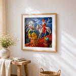 St nicholas and black pete on the roof paint by numbers artwork displayed on wall as home decor