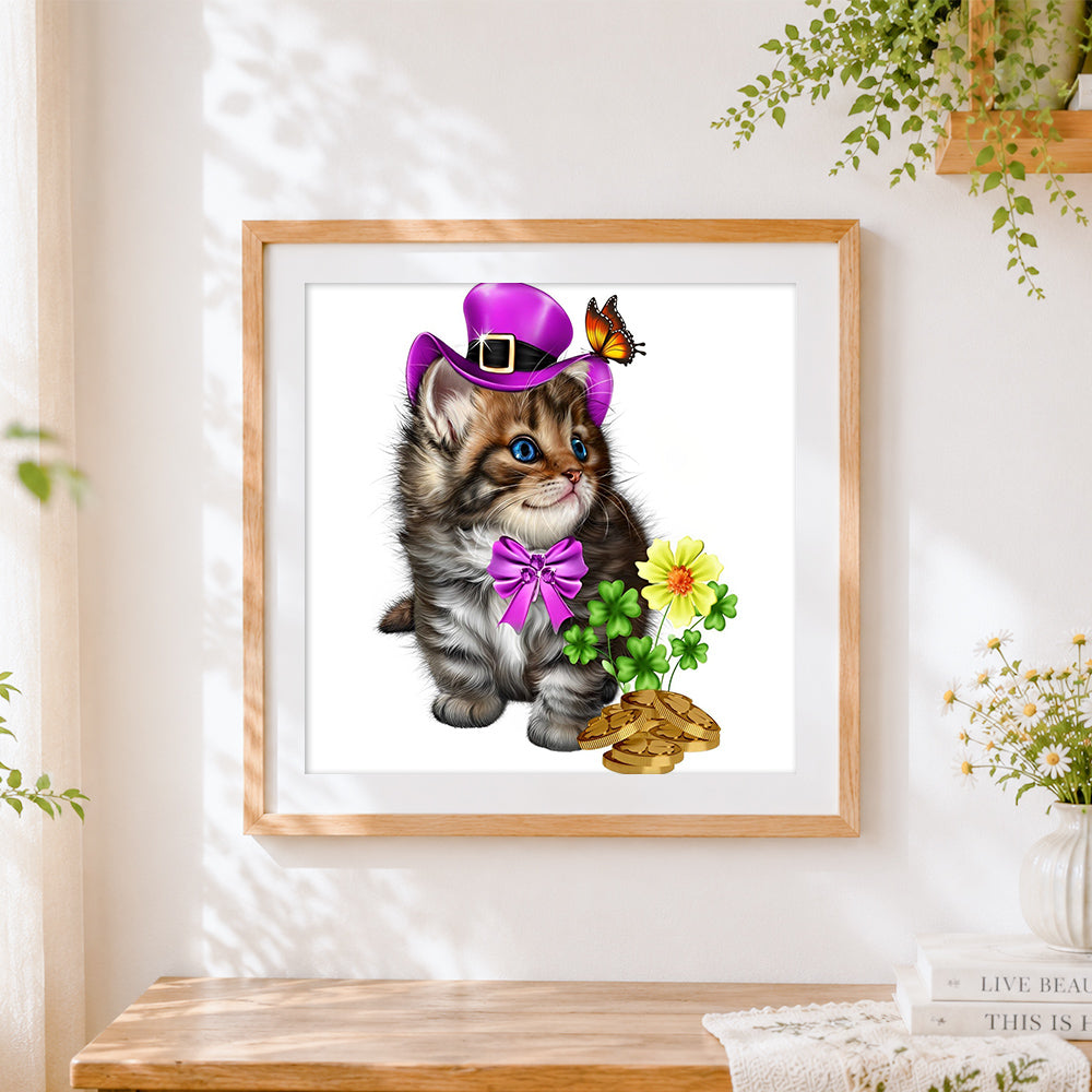 Finished st patrick's day cat with top hat cross stitch artwork displayed