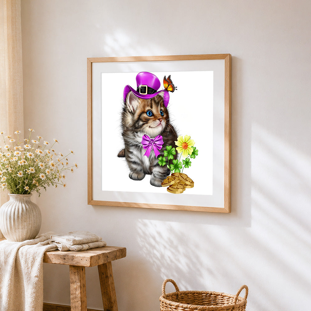 St patrick's day cat with top hat cross stitch artwork displayed on wall as home decor