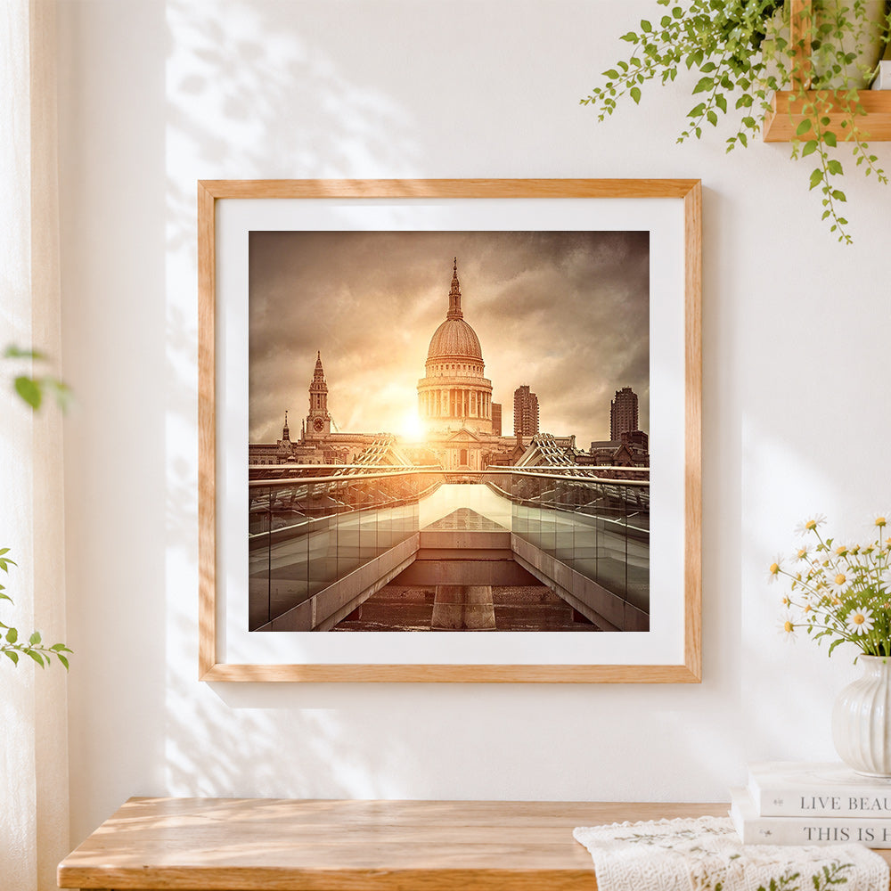 Finished st paul s cathedral at sunset cross stitch artwork displayed