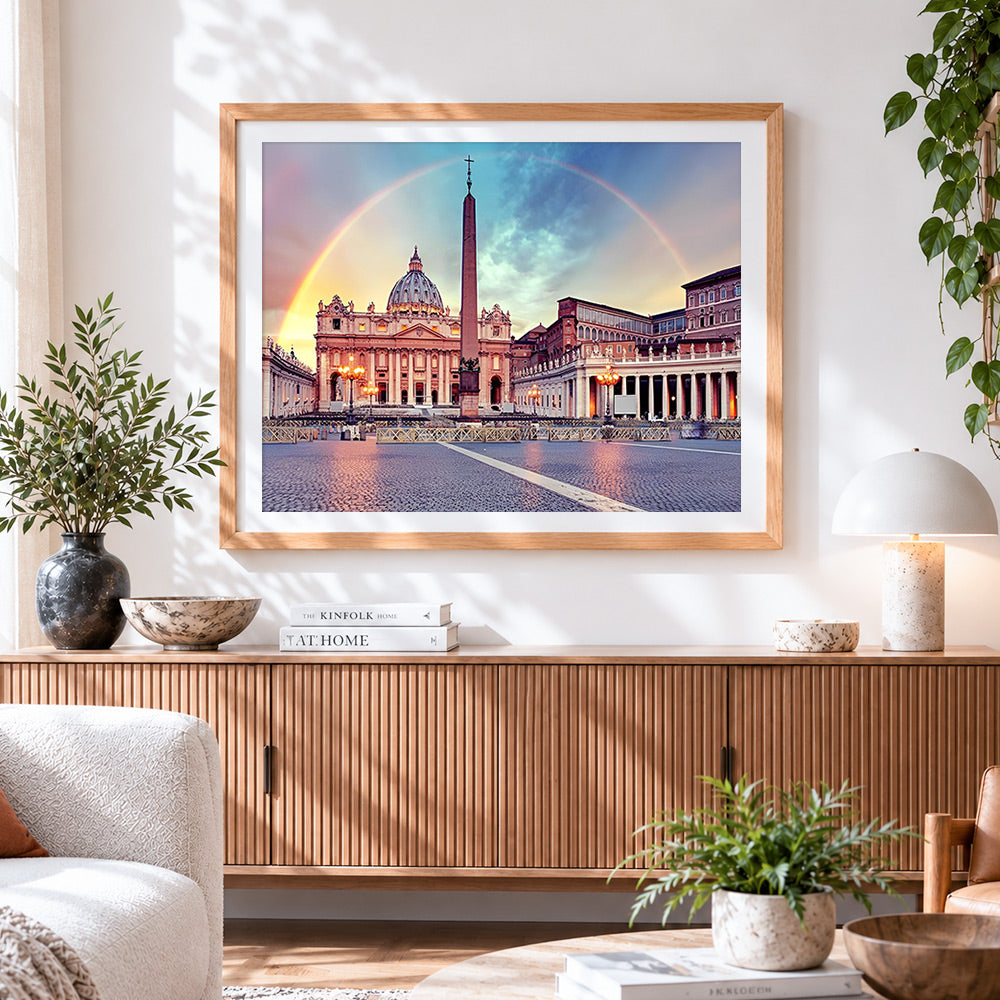 Finished st. peter's basilica with rainbow cross stitch artwork displayed