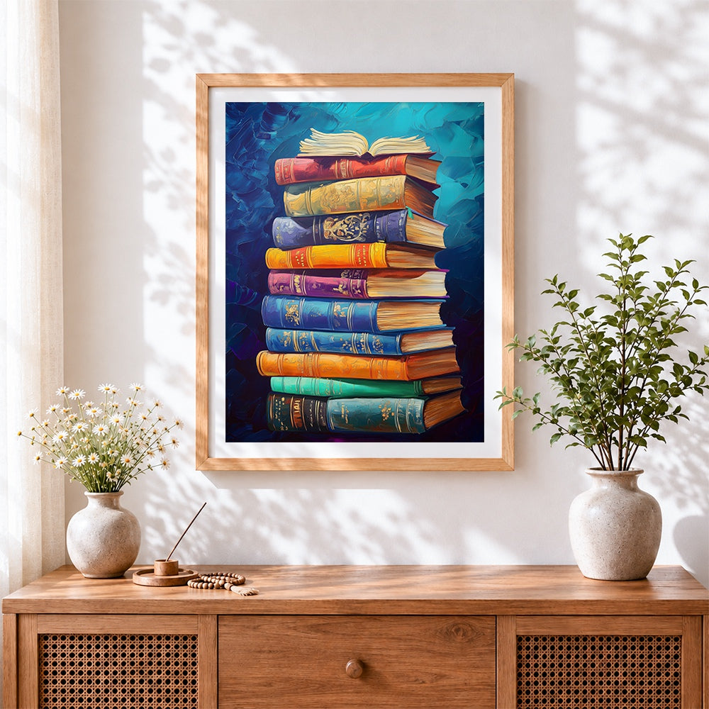Finished stack of vintage books cross stitch artwork displayed
