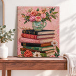 Finished stacked books with floral mug pearl diamond painting artwork displayed as home decor