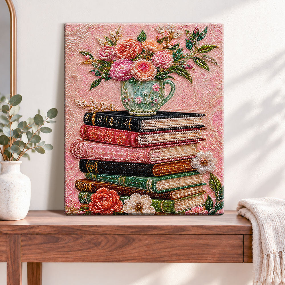 Finished stacked books with floral mug pearl diamond painting artwork displayed as home decor