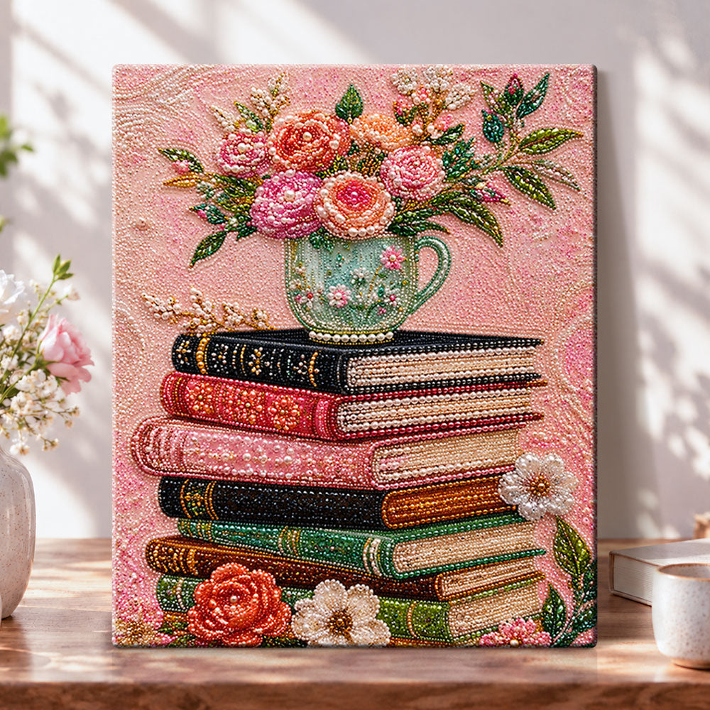 Stacked books with floral mug pearl diamond painting kit for beginners