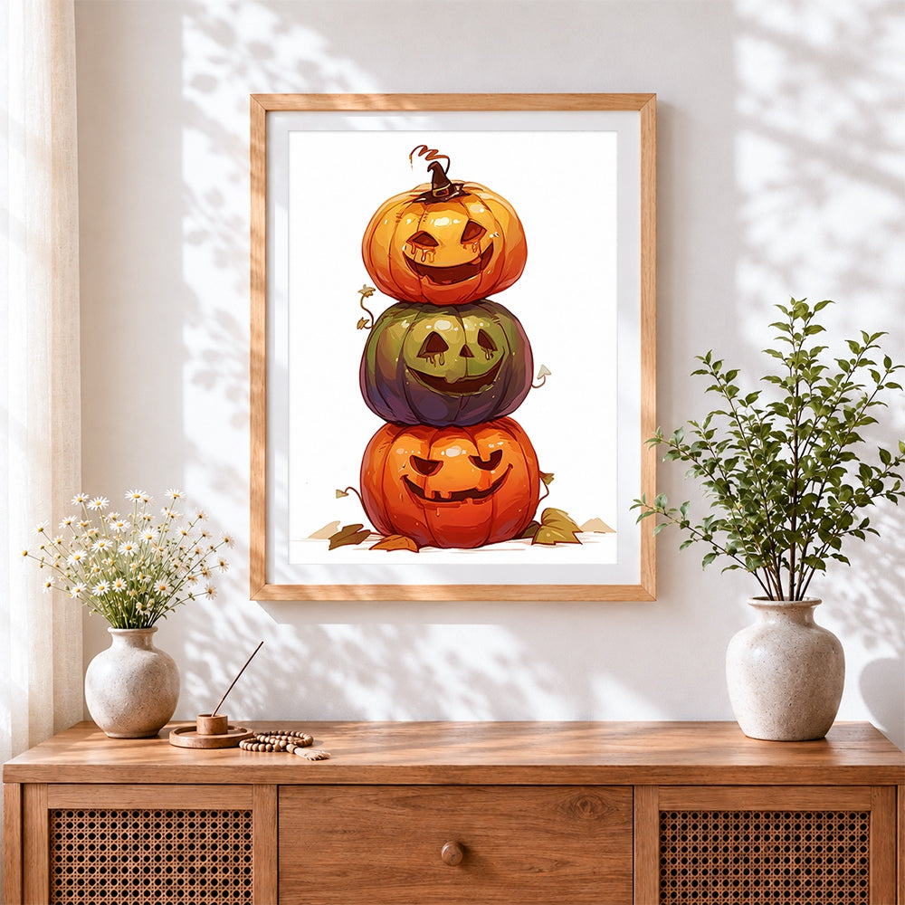 Finished stacked halloween pumpkins with witch hat paint by numbers artwork displayed as home decor