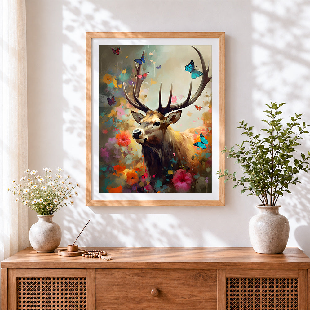 Finished stag butterflies and flowers cross stitch artwork displayed