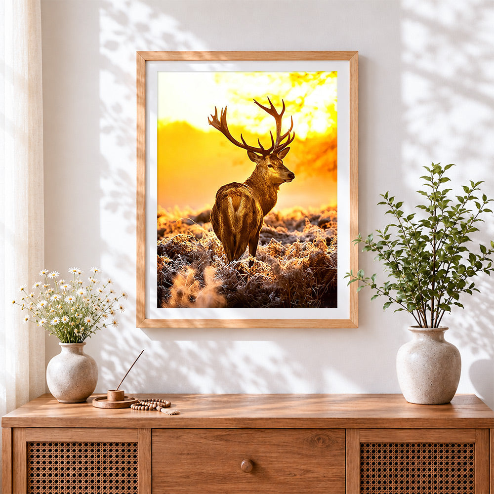 Finished stag in golden sunset cross stitch artwork displayed