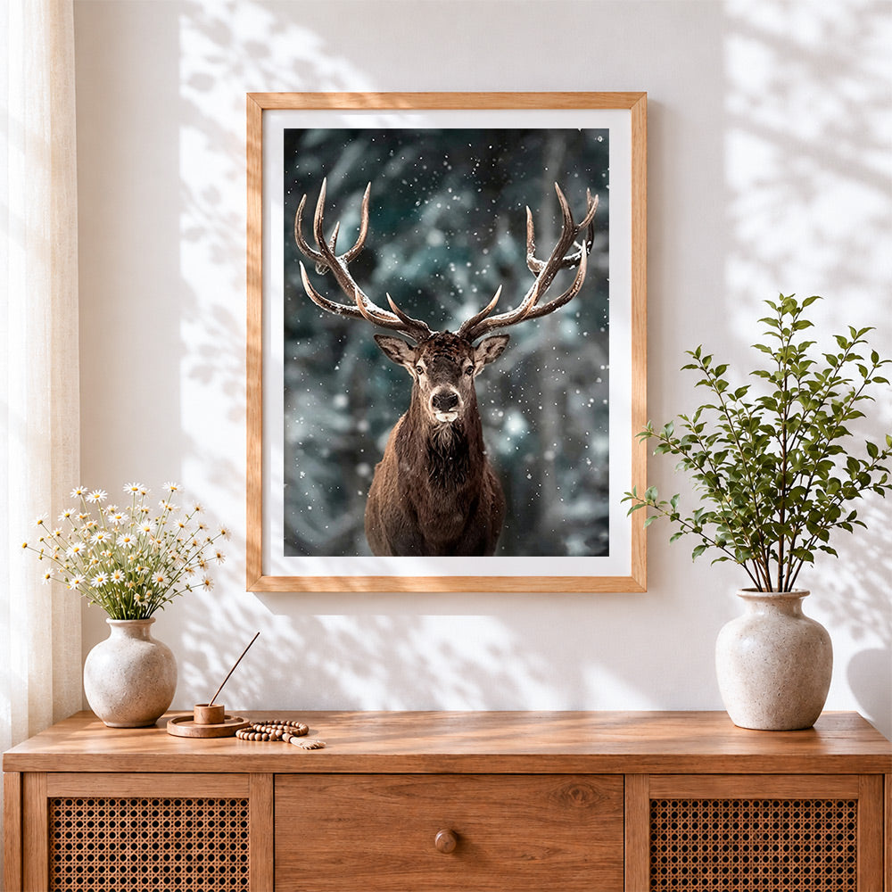 Finished stag in snowfall cross stitch artwork displayed