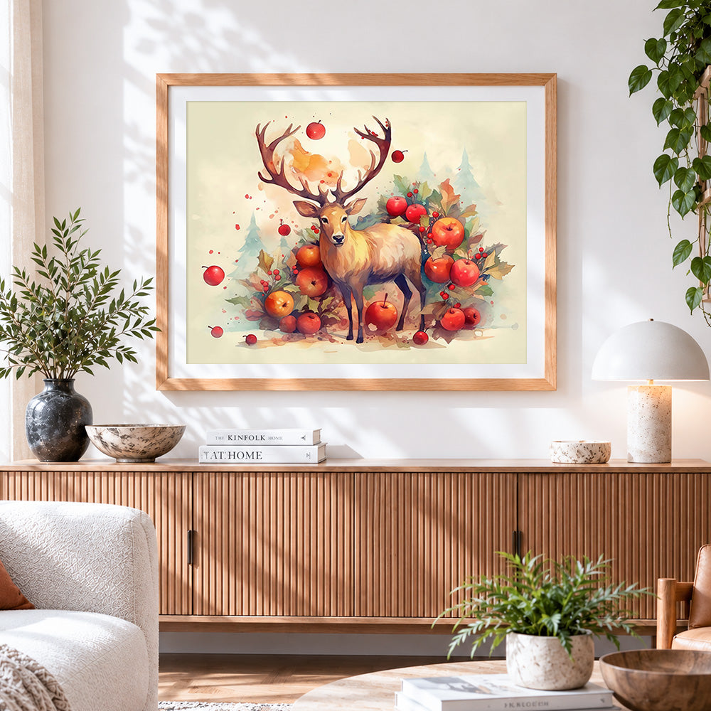 Finished stag with autumn apples cross stitch artwork displayed