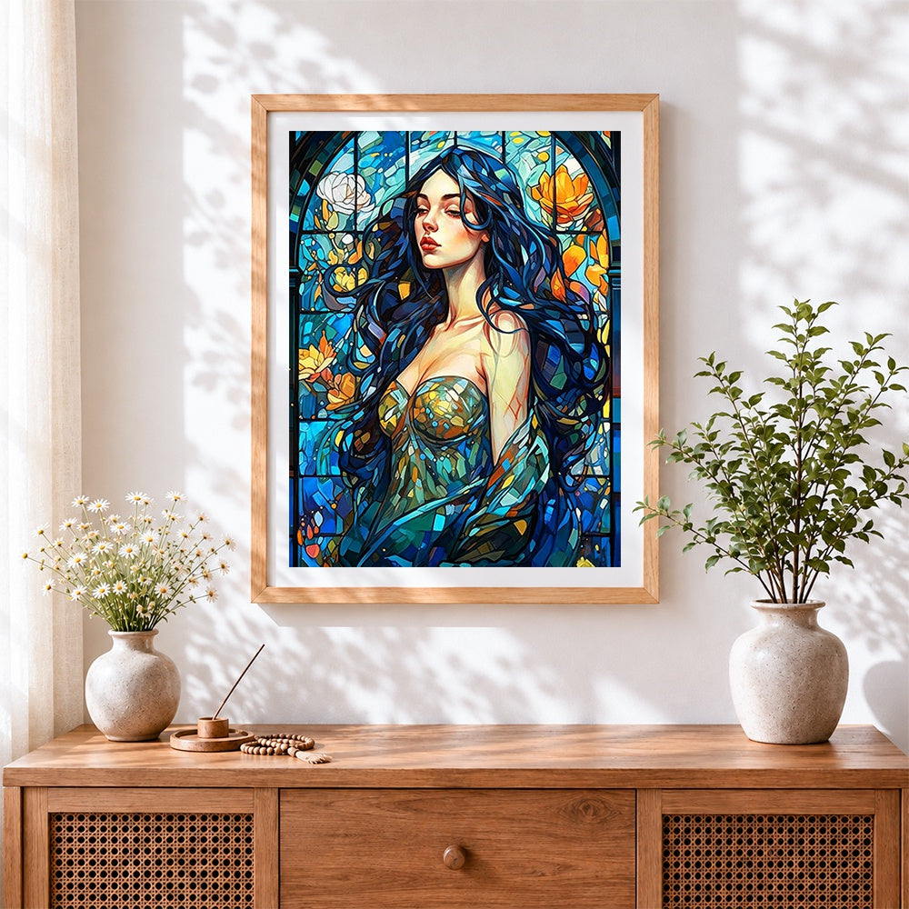 Finished stained glass blue haired woman cross stitch artwork displayed
