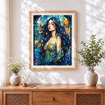 Finished stained glass blue haired woman cross stitch artwork displayed